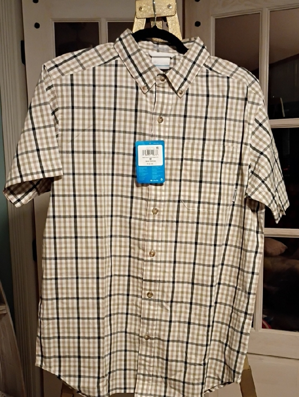 Columbia Beige and Black Plaid Short-Sleeve Button-Down Shirt